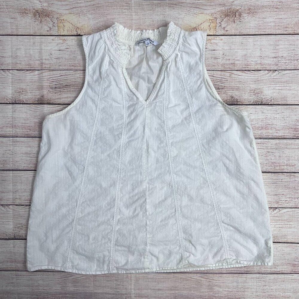 Elizabeth and James Women's White Smocked Ruffle Neck Sleeveless Blouse | Size L